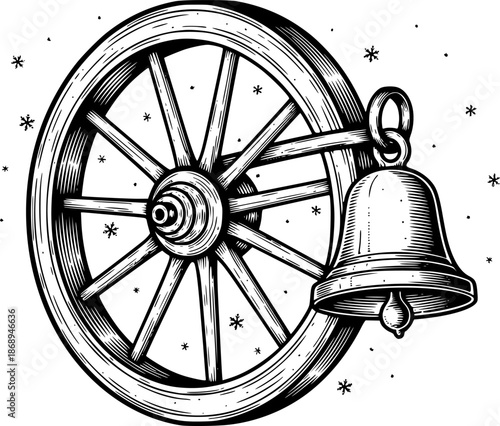 Engraved depiction of vintage wheel with bell, winter-themed mon
