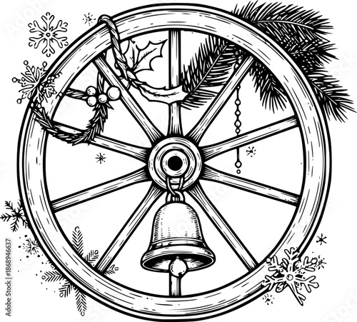 Engraved depiction of vintage wheel with bell, winter-themed mon
