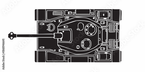 Detailed military tank line art illustration, modern armored battle tank outline, black and white vector drawing, side perspective