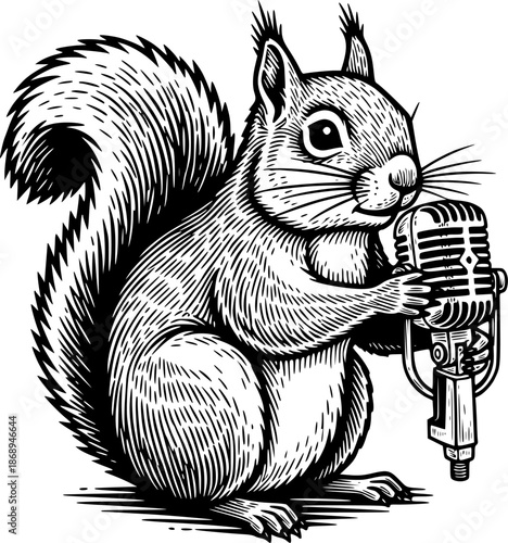 Engraved Illustration of a Squirrel with Microphone in Woodcut S
