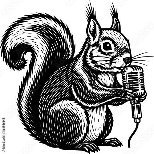 Engraved Illustration of a Squirrel with Microphone in Woodcut S
