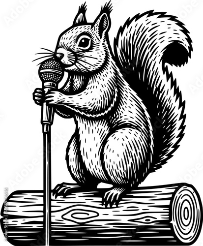Engraved Illustration of a Squirrel with Microphone in Woodcut S

