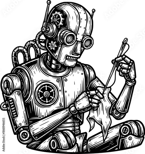 Engraved illustration of a steampunk robot crafting using needle
