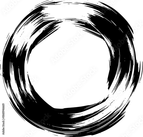 Abstract circular shape with textured brushstrokes in monochrome
