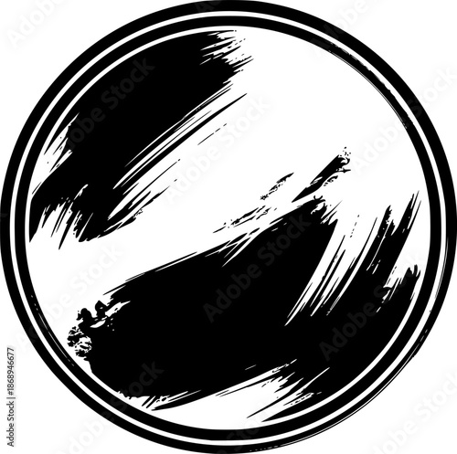 Abstract circular shape with textured brushstrokes in monochrome
