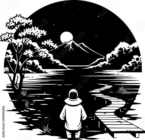 Minimalist black and white sumi-e illustration of a serene woodl
