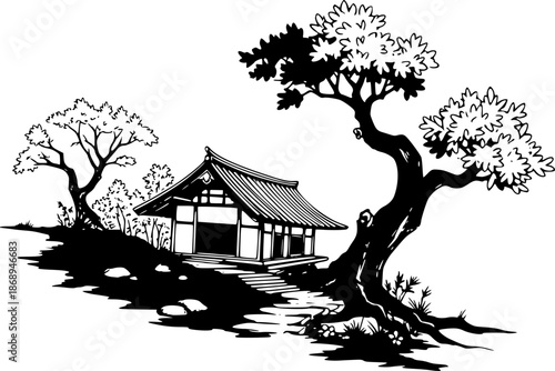 Minimalist black and white sumi-e illustration of a serene woodl
