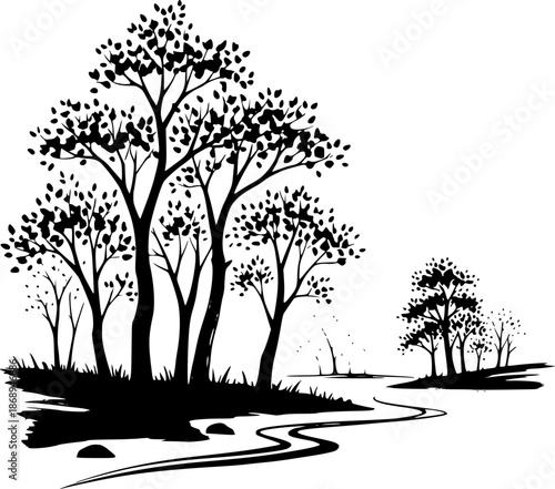 Minimalist black and white sumi-e illustration of a serene woodl
