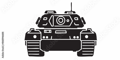 Detailed military tank line art illustration, modern armored battle tank outline, black and white vector drawing, side perspective