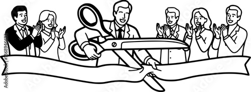 Monochrome illustration of a ribbon cutting ceremony, showcasing
