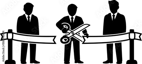 Monochrome illustration of a ribbon cutting ceremony, showcasing
