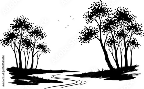 Minimalist black and white sumi-e illustration of a serene woodl
