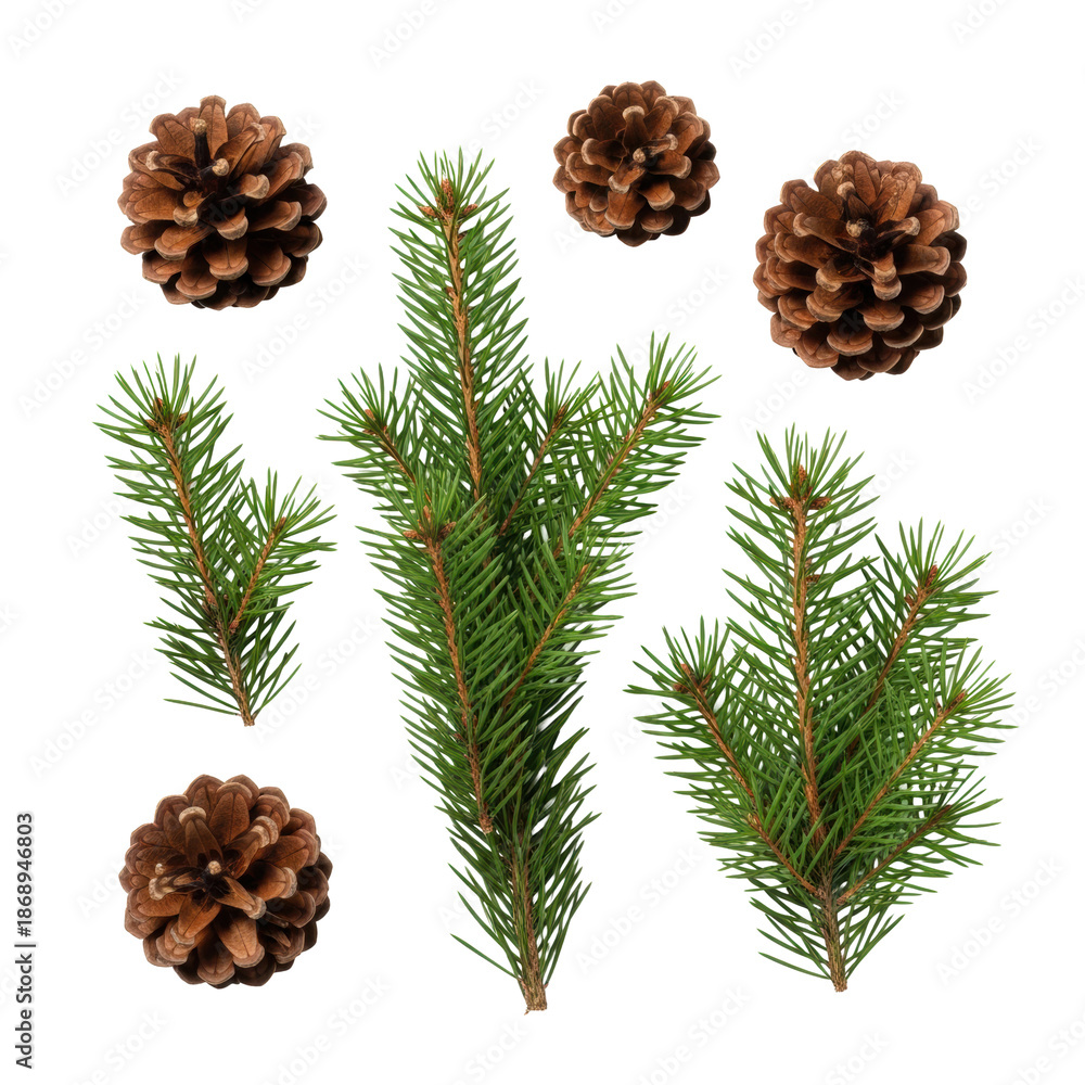 Fototapeta premium hyper-realistic flat lay of vibrant emerald pine branches and sharp brown cones against a high-key white studio background with shadowless lighting, premium winter holiday decoration concept