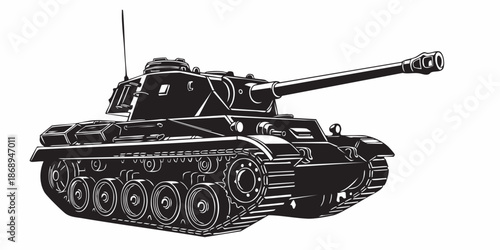 Detailed military tank line art illustration, modern armored battle tank outline, black and white vector drawing, side perspective