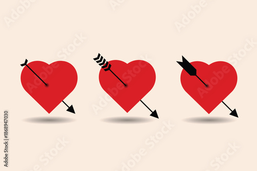 Heart pierced by arrow vector icons symbolizing love and romance. Perfect for Valentine themes, dating designs, and emotional visual concepts.