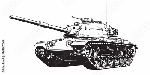Detailed military tank line art illustration, modern armored battle tank outline, black and white vector drawing, side perspective