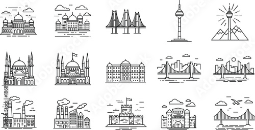 Architectural landmark icon set, mosque, bridge, tower, castle, factory, skyline, structural diversity in line illustration style, flat vector