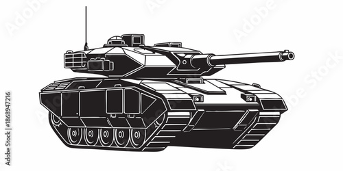 Detailed military tank line art illustration, modern armored battle tank outline, black and white vector drawing, side perspective