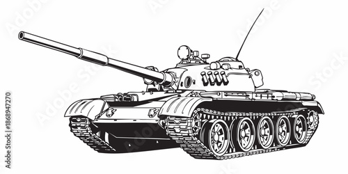 Detailed military tank line art illustration, modern armored battle tank outline, black and white vector drawing, side perspective