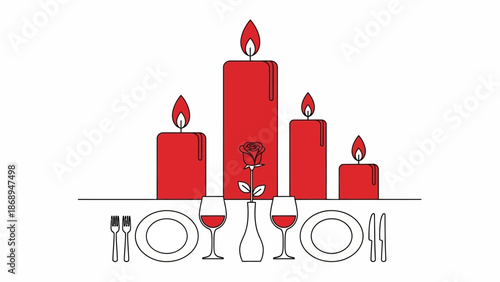 Romantic Dinner Setup with Candles, Rose and Glasses in Cozy Atmosphere