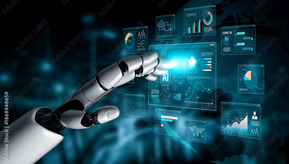 Obraz premium AI brain processes big data with generative AI, LLMs, and machine learning to support business decisions, prompt engineering, and future agentic artificial intelligence systems. spline