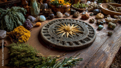 Winter solstice altar with symbolic objects: sun wheel, herbs, stones 