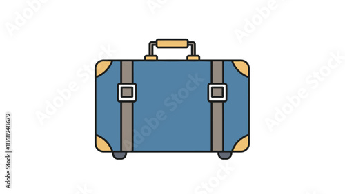 Blue vintage suitcase with brown leather straps and handle.