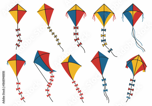Collection of colorful cartoon kites vector illustration set featuring diamond shapes and long ribbon tails, isolated on white background.