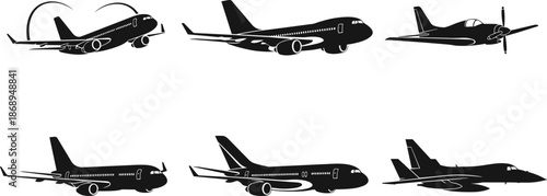 Airplane silhouette icon set illustration, commercial passenger jets and aircraft profiles isolated on white background, aviation transportation concept, clean black vector design
