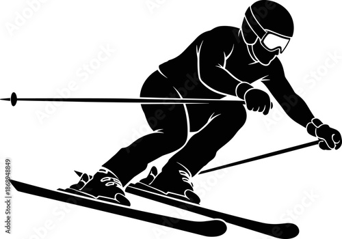 Alpine skiing athlete vector illustration, downhill ski racer silhouette, dynamic winter sport action, black and white design, minimalist style artwork