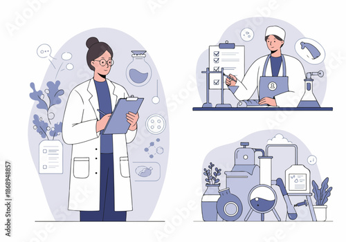 Vignettes illustrating scientific research, featuring professionals in lab coats, complex chemical equipment, analysis, and quality control.