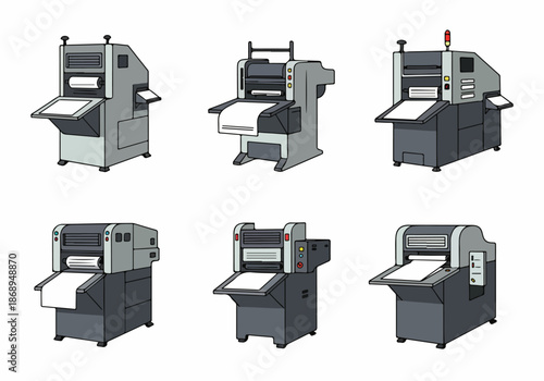 Six industrial printing machine illustrations, featuring different models of commercial paper processors and offset press equipment on white background.