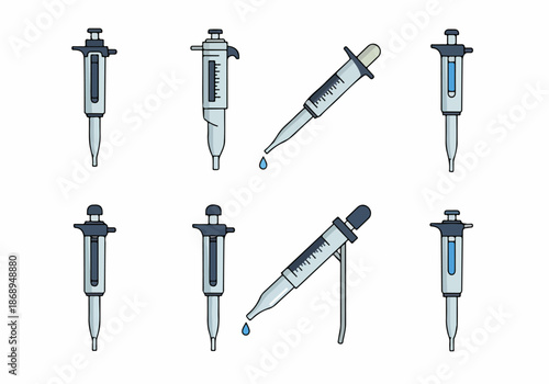 Vector illustration set of laboratory micropipettes and droppers, essential tools for scientific research, chemical analysis, and medical testing.