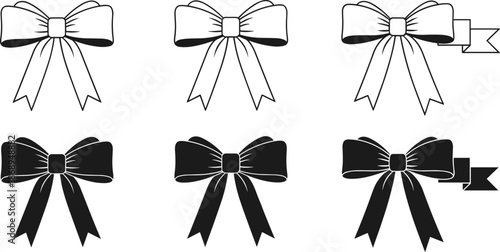 Bow vector icon set, black and white ribbons, decorative elements, fashion accessory, symmetrical layout, minimal style, isolated, editable, scalable design