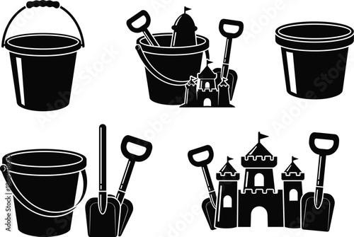 Beach sand bucket and shovel set silhouette illustration, kids summer toys collection with sandcastle, seaside play icons, black and white vector design