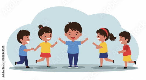 Group of diverse happy children running and playing together in a joyful, welcoming illustration of friendship and community.