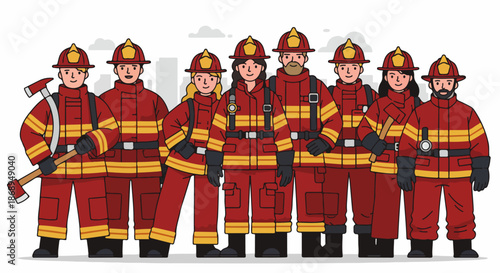 Professional team of diverse firefighters in full protective gear standing proudly against a city background, ready to respond to emergencies.