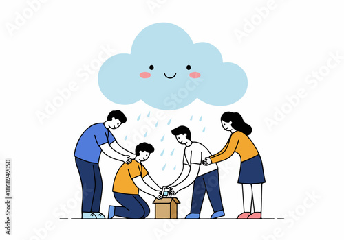 Group of people donating items into a box while a smiling rain cloud blesses them, symbolizing generosity, teamwork, and social aid.
