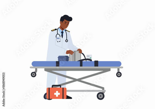 African American paramedic preparing emergency medical equipment on a stretcher.