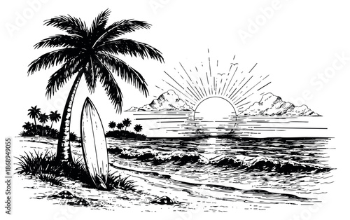 Hand drawn line art illustration of a tropical beach depicting a palm tree and surfboard with ocean waves and a sunrise for summer vacation and travel