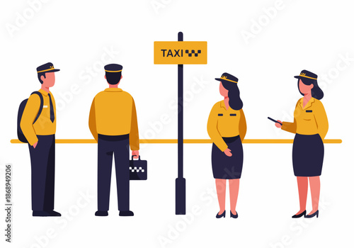 Male and female taxi service staff illustration in uniform standing near a taxi stand sign, ready for transportation business.