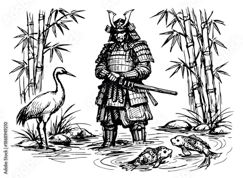 Hand drawn illustration of a samurai warrior, crane, and koi fish depicting a traditional Japanese natural setting for cultural heritage designs