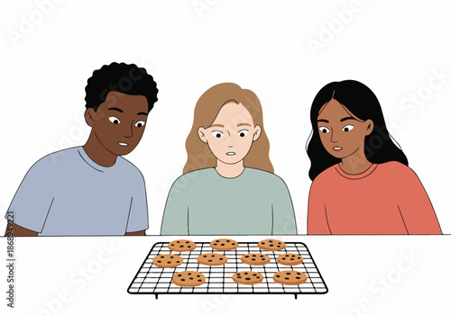 Diverse friends look surprised and focused at freshly baked chocolate chip cookies cooling on a rack.