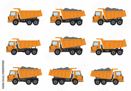Collection of nine orange dump trucks illustrating different stages of loading, transporting, and dumping materials, isolated on white background.