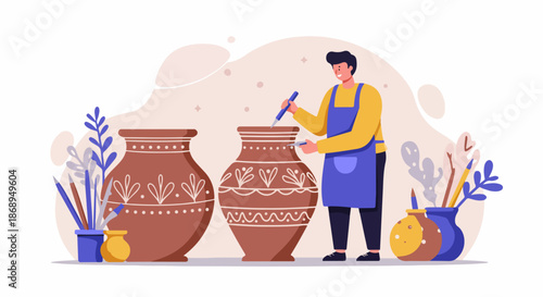 Happy artisan decorating large traditional clay vases, working on pottery creation and design in a vibrant flat illustration style.