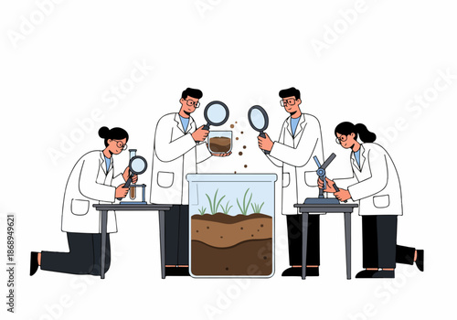 Agricultural research team examining soil composition and plant roots in a laboratory setting with magnifying tools and microscopes.