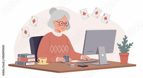 Smiling grandmother playing online casino card games or poker on a desktop computer, depicting modern retirement leisure and digital connectivity.