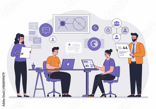 Professional collaboration and data analysis illustration featuring a diverse business team managing workflow and technology.
