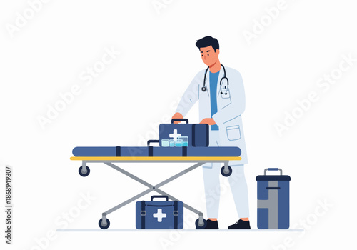 Medical professional preparing emergency equipment, including first aid kits, on an ambulance stretcher, ready for immediate patient care.