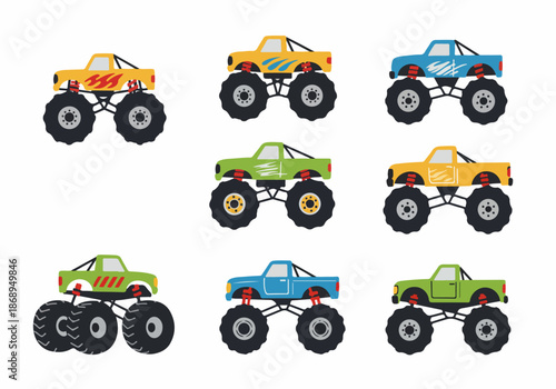 Vector illustration set of colorful monster trucks on oversized wheels, including yellow, blue, and green designs, isolated on white background.